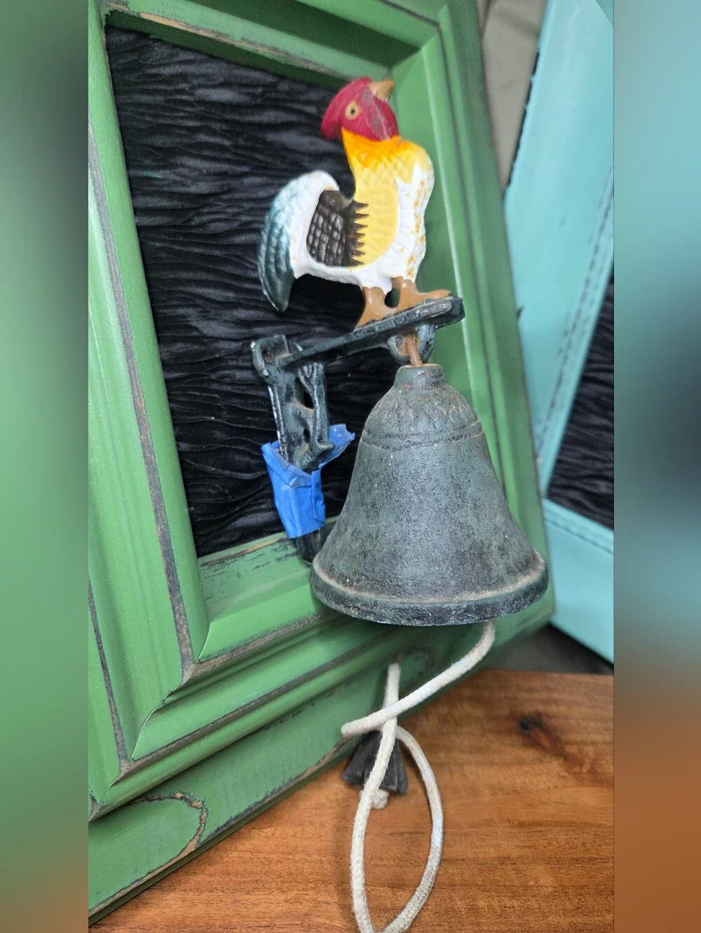 MCM Rustic Cast Iron Rooster Wall Bell in Green & Multi-Color